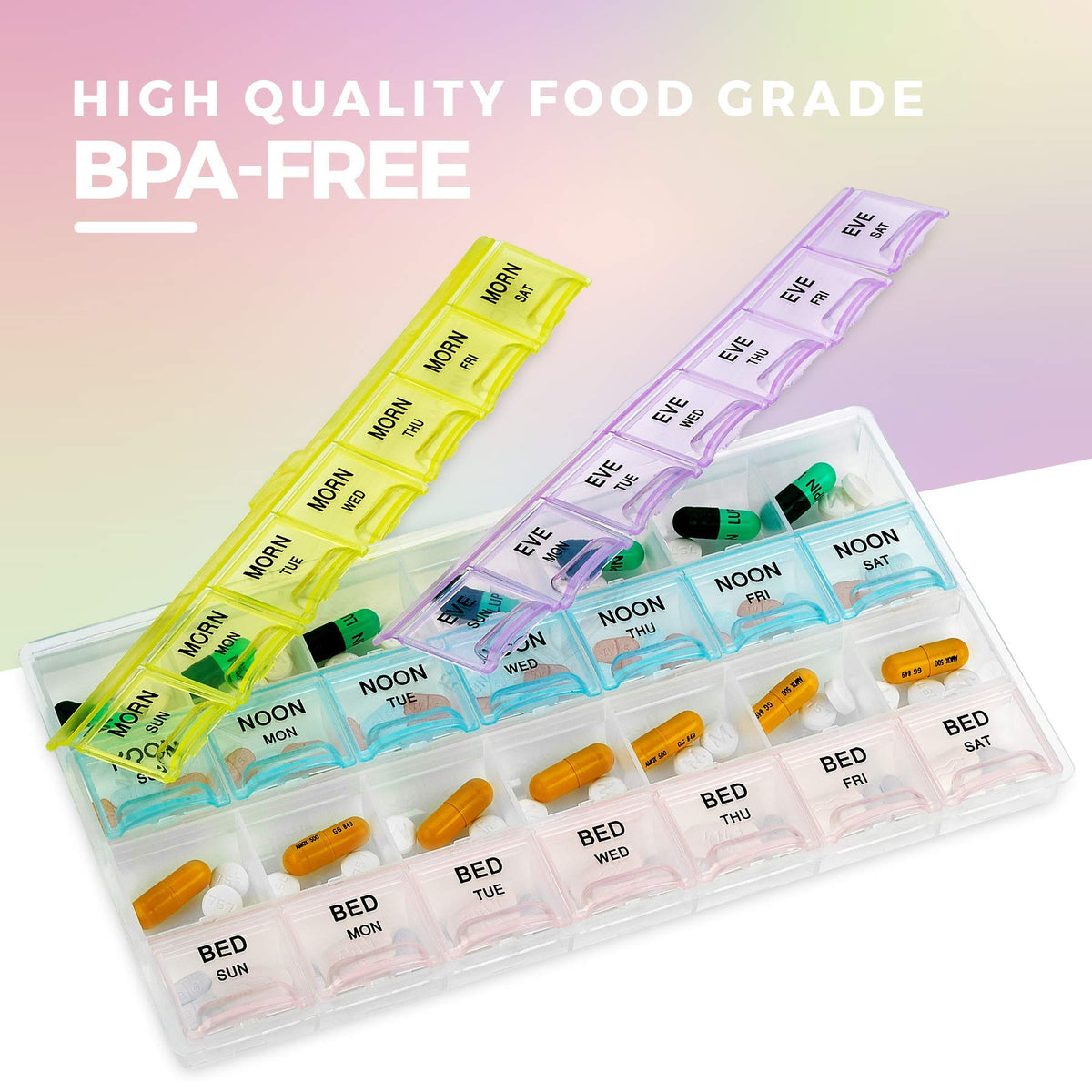 Pill Organizers - (40 Pack Bulk) Large Pill Organizer with Weekly and Daily 4-Times-A-Day Compartments for Morning, Noon, Evening, Night - BPA-Free, Portable and Travel Friendly Pill Boxes Case