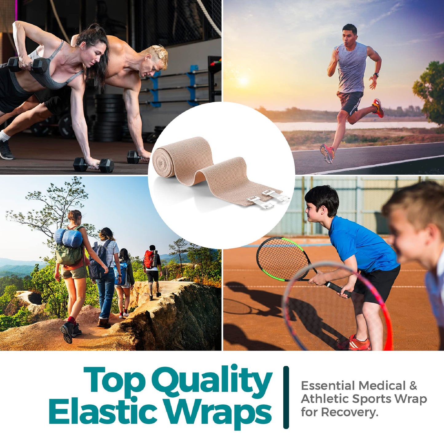 Elastic Compression Bandage Wrap - First Aid Bandages Roll Measures 2", 3", 4", 6" x 5 Ft with 4 Extra Hooks | Athletic Sports Stretch Wraps for Ankle, Wrist, Arm & Leg Sprains (Pack of 4)