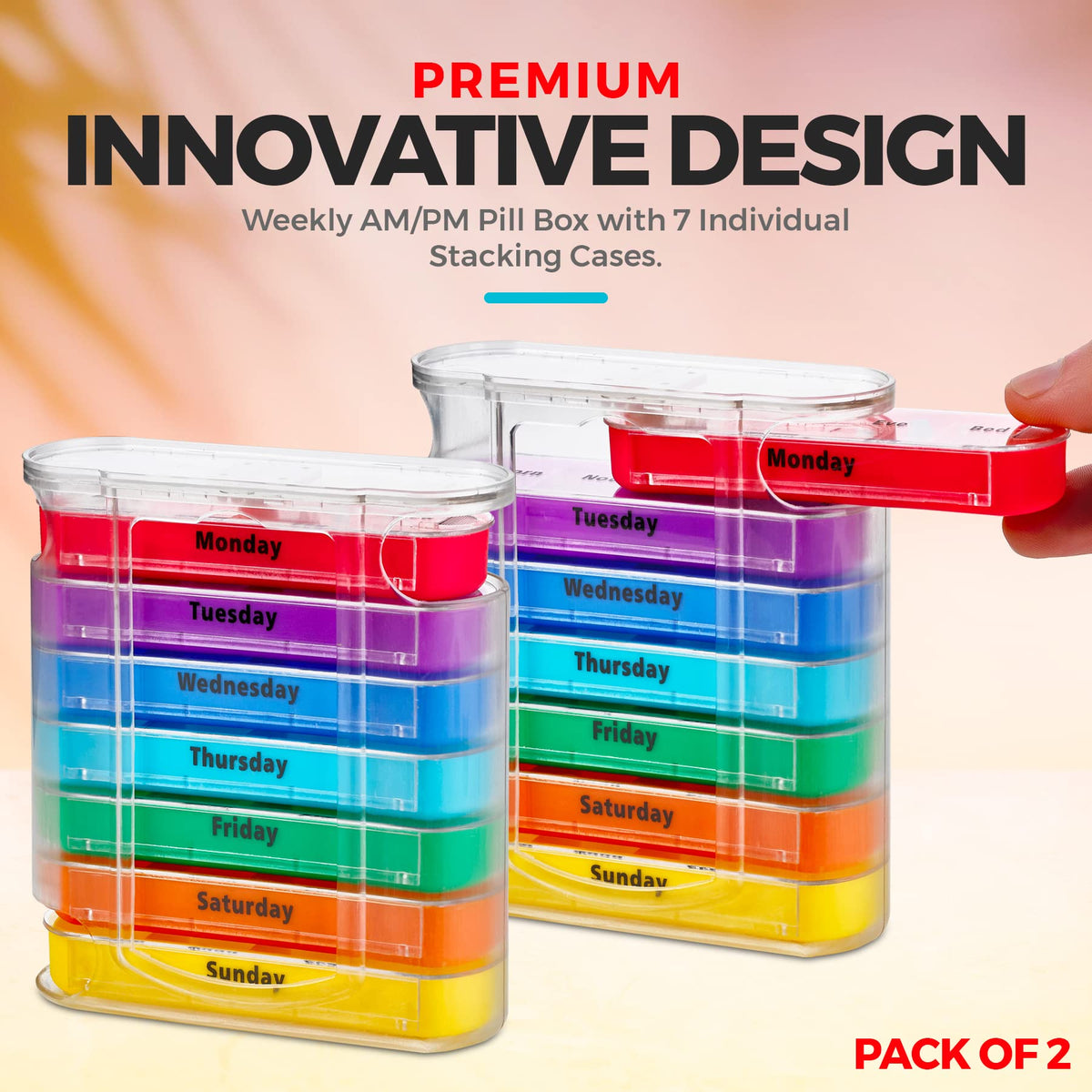 Weekly Pill Organizer, Four Times-a-Day, Pack of 2 Dispensers with Stackable AM/PM Compartments