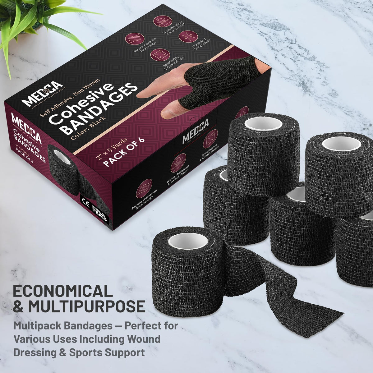 Self-Adherent Cohesive Bandage - Black Medical Wrap - (288 Rolls Bulk) - 2" Wide x 5 Yards Sports Tape for Medical Use, Sports, First Aid and Helps Protect Skin