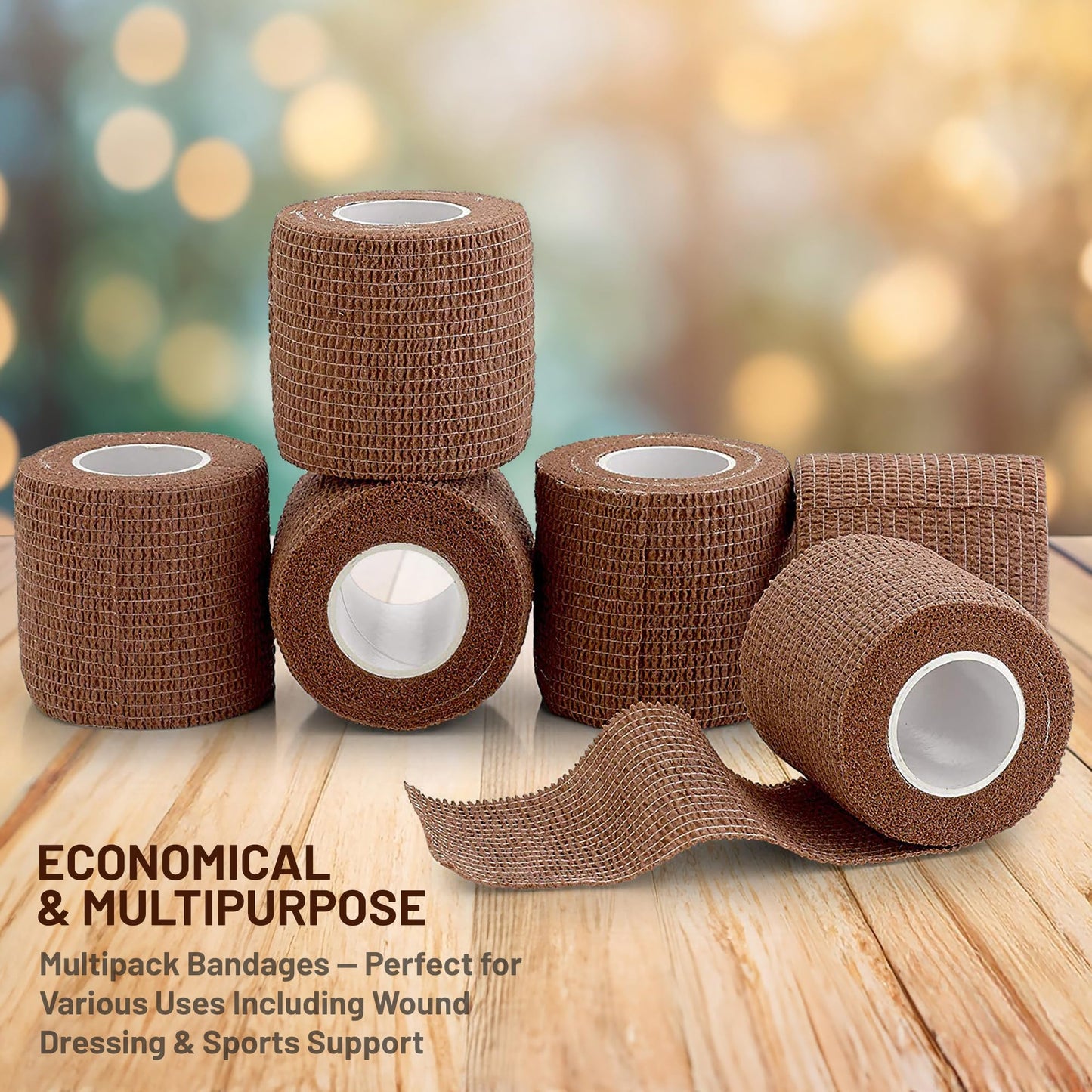 6 Pack, Self Adherent Cohesive Tape - 2" x 5 Yards, (Medium Tan Shade) Self Adhesive Bandage Rolls & Sports Athletic Wrap for Ankle, Wrist, Knee Sprains and Swelling
