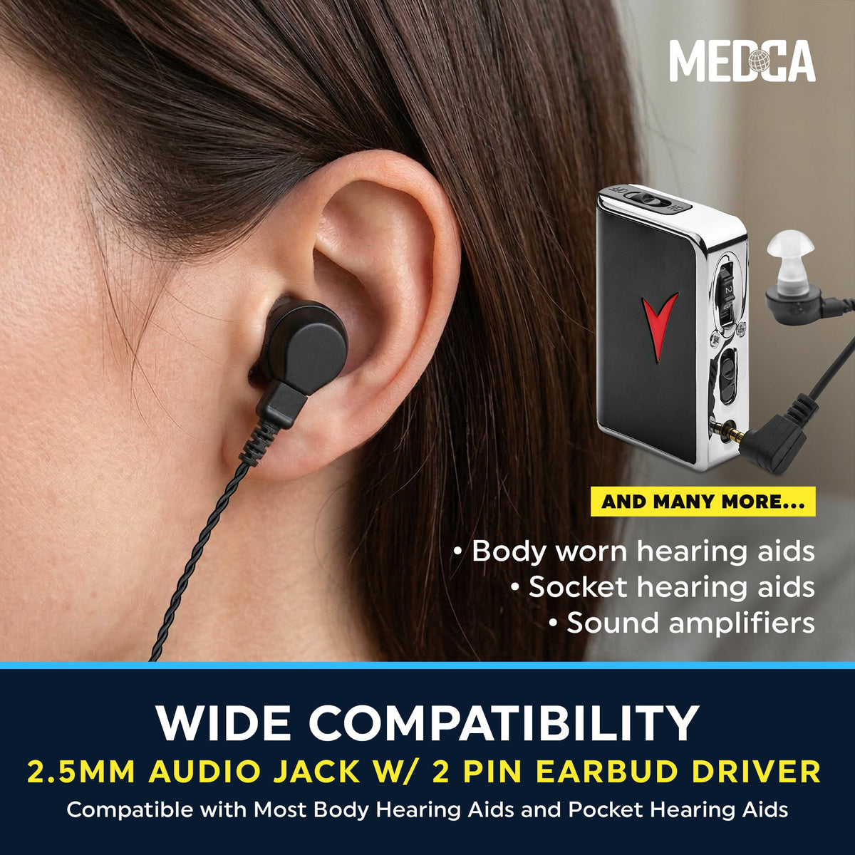 2.5mm Hearing Aid Replacement Cord w/ 2-Pin Receiver & Earbud Set - Compatible with Pocket Hearing Aid Cable for Body Worn Sound Amplifiers - Personal Hearing Amplifier Accessory & 3 Ear Domes