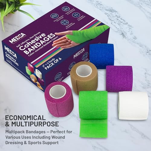Self Adherent Cohesive Wrap Bandages 2 Inches X 5 Yards 6 Count, (Rainbow Color)