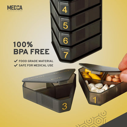 Moisture Proof Weekly Stackable Pill Organizer - BPA Free, Weekly Pill Box Case with 3 Daily Compartments - Black Pill Box to store pills, vitamins, supplements