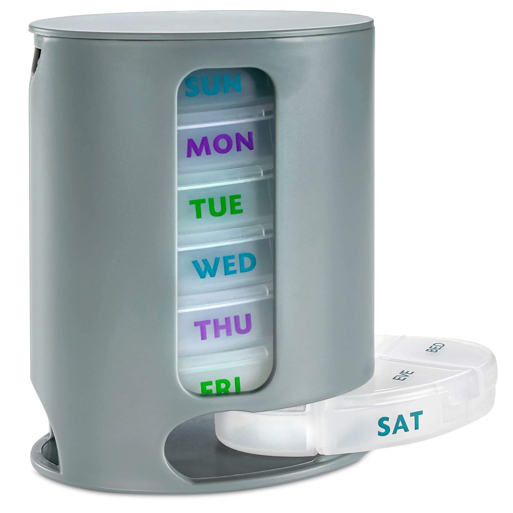 Weekly Pill Organizer, 1 Dispenser, 7 Stackable Compartments Four Times-a-Day - Morning, Noon, Evening, and Bedtime, Gre