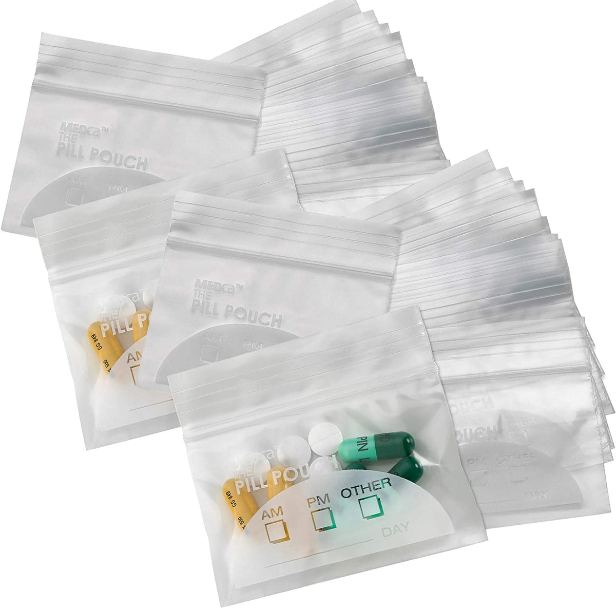 Pill Pouch Bags - (Pack of 150) 3" x 2.75" - BPA FREE, Poly Bag Disposable Zipper Pills Baggies, Daily AM PM Travel Medicine Organizer Storage Pouches, Best Clear Reusable with Write-on Labels