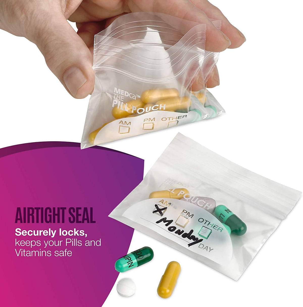 Pill Pouch Bags - (Pack of 150) 3" x 2.75" - BPA FREE, Poly Bag Disposable Zipper Pills Baggies, Daily AM PM Travel Medicine Organizer Storage Pouches, Best Clear Reusable with Write-on Labels