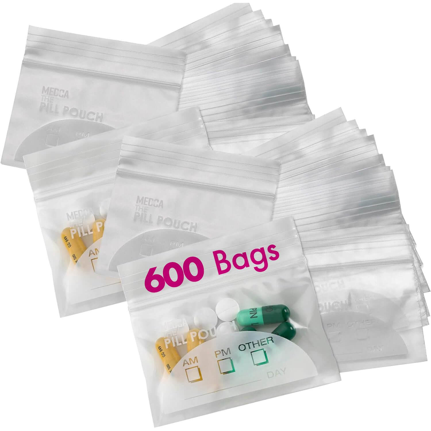 Pill Pouch Bags - (Pack of 600) 3" x 2.75" - BPA Free, Poly Bag Disposable Zipper Pills Baggies, Daily AM PM Travel Medi