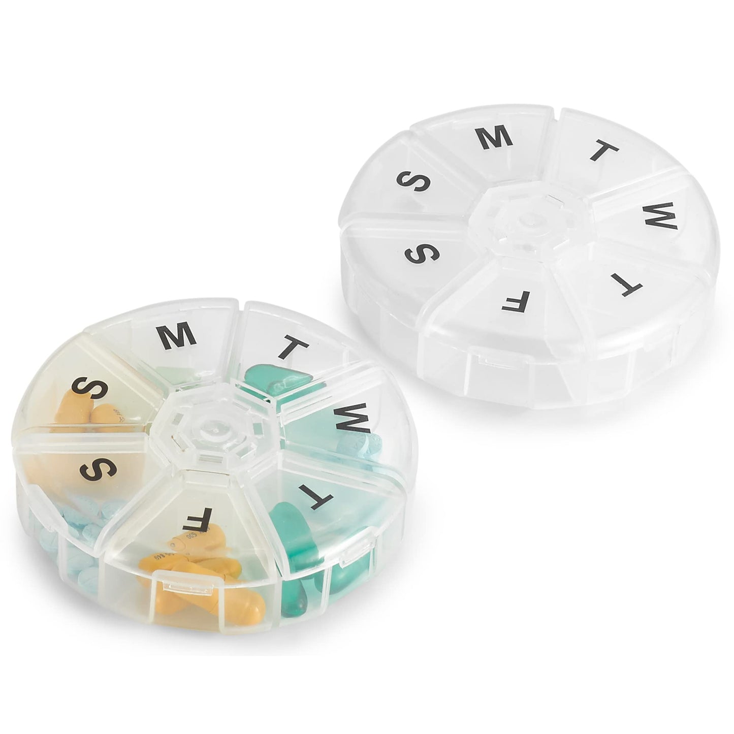Weekly Pill Organizer - (Pack of 2) 7 Day Pills Container, Round Medicine Organizer Box, Daily Week Pill Reminder Case T