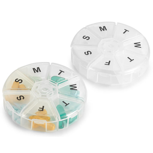 Weekly Pill Organizer - (Pack of 2) 7 Day Pills Container, Round Medicine Organizer Box, Daily Week Pill Reminder Case T