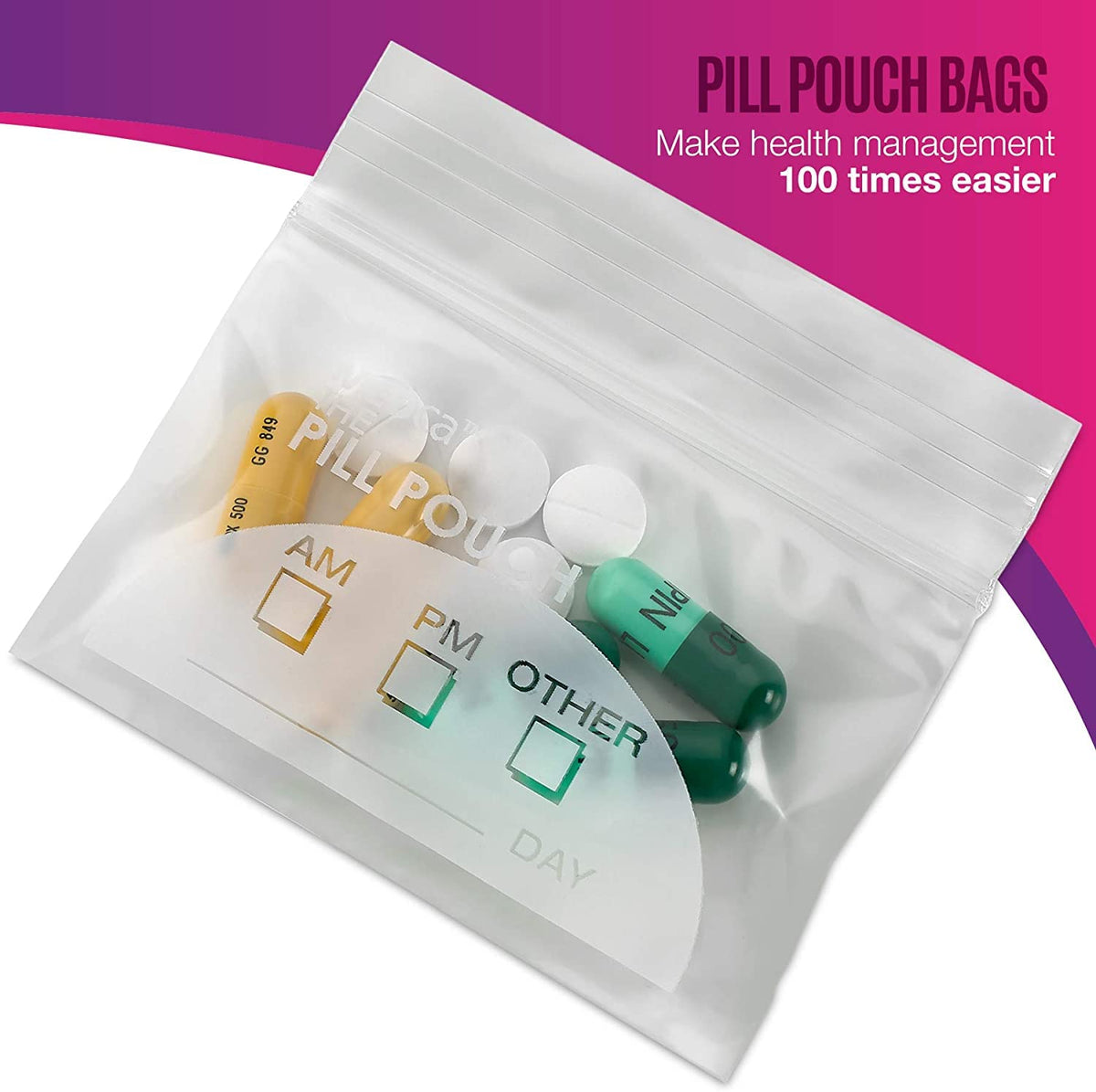 Pill Pouch Bags - (Pack of 250) 3" x 2.75" - BPA FREE, Poly Bag Disposable Zipper Pills Baggies, Daily AM PM Travel Medicine Organizer Storage Pouches, Best Clear Reusable with Write-on Labels