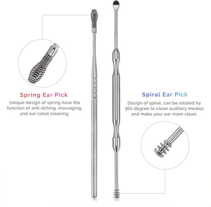 Ear Wax Removal Kit - 6 Piece Ear Cleansing Tool Set, Stainless Steel Ear Curette Earwax Removal Kit for Thorough Ear Cleaner with Spiral Spring Cleaner Pick Unclogger with Storage Case