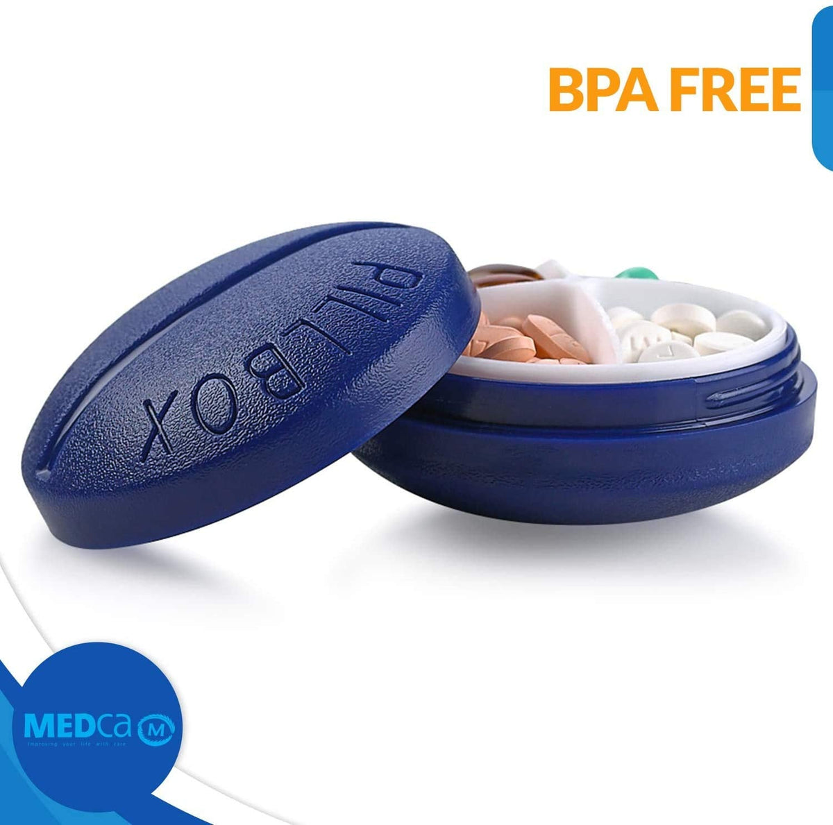 Pill Box Round for Travel - Mini Compact Portable 4 Compartment Pills Case Organizer, Vitamin and Medication Dispenser Holder for Up To 4 Times A Day, BPA Free Pill Reminder by