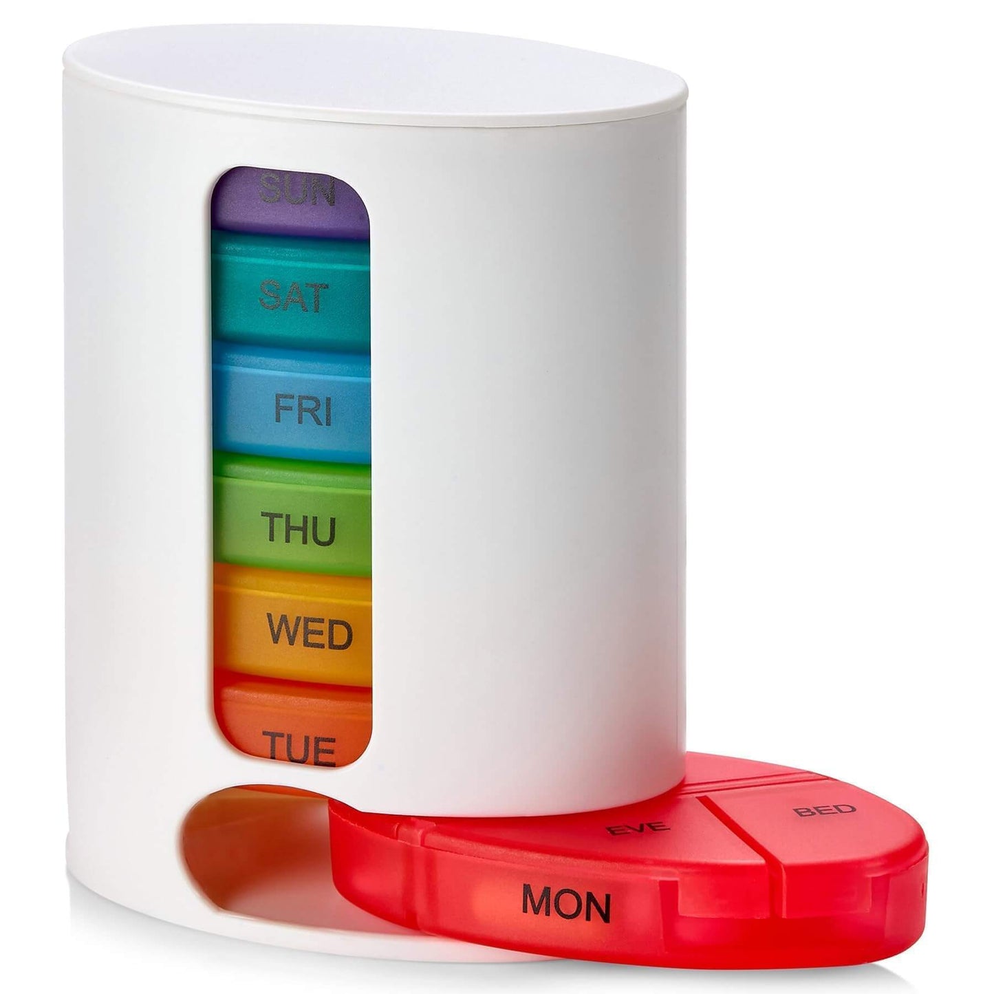Weekly Pill Organizer, 1 Dispenser, 7 Stackable Multi-Color Compartments Four Times-a-Day - Morning, Noon, Evening, and 
