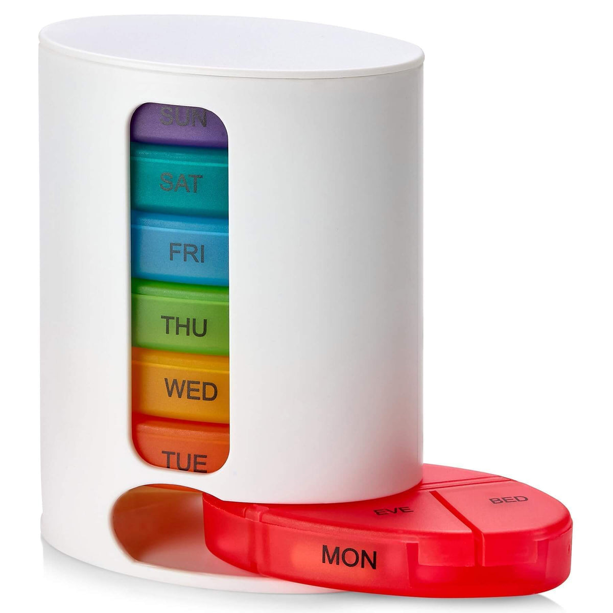 Weekly Pill Organizer, 1 Dispenser, 7 Stackable Multi-Color Compartments Four Times-a-Day - Morning, Noon, Evening, and 