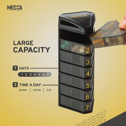 Moisture Proof Weekly Stackable Pill Organizer - BPA Free, Weekly Pill Box Case with 3 Daily Compartments - Black Pill Box to store pills, vitamins, supplements