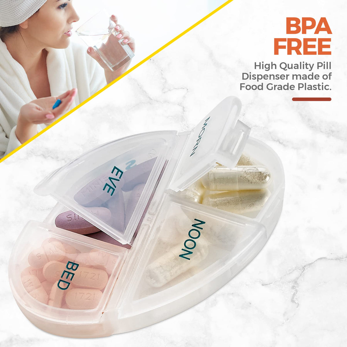 Weekly Pill Organizer, 1 Dispenser, 7 Stackable Compartments Four Times-a-Day - Morning, Noon, Evening, and Bedtime, Grey