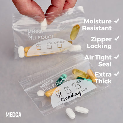 Pill Pouch Bags - (Pack of 100) 4'' x 2.75" - 3 Mil BPA-Free, Poly Bag Disposable Zipper Pills Baggies, Daily AM PM Travel Medicine Organizer Storage Pouches, Best Clear Reusable with Write-on Labels