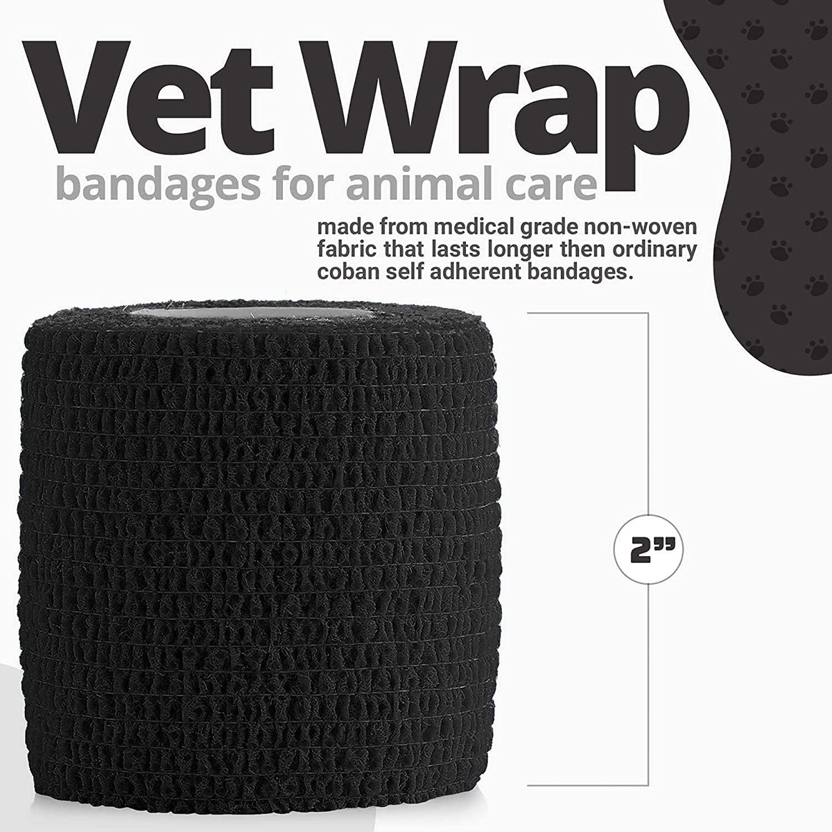 Vet Wrap - (Pack of 12 - 2 inch x 5 yard Rolls) Self Adherent Wrap Cohesive Compression Bandage and Medical Gauze Bandage Roll Tape for Dogs, Cats, Horses, Black