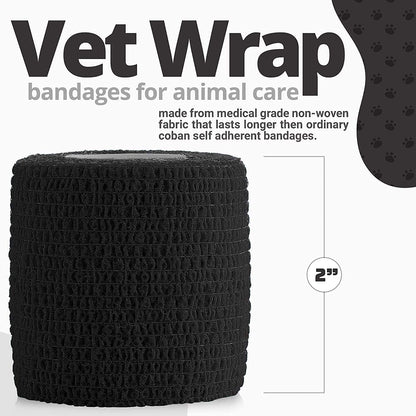 Vet Wrap - (Pack of 12 - 2 inch x 5 yard Rolls) Self Adherent Wrap Cohesive Compression Bandage and Medical Gauze Bandage Roll Tape for Dogs, Cats, Horses, Black