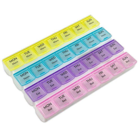 Weekly Pill Organizer - 4-Times-a-Day Pill Planner Pill Box Separates Pills & Vitamins with Daily Morning, Noon, Evening