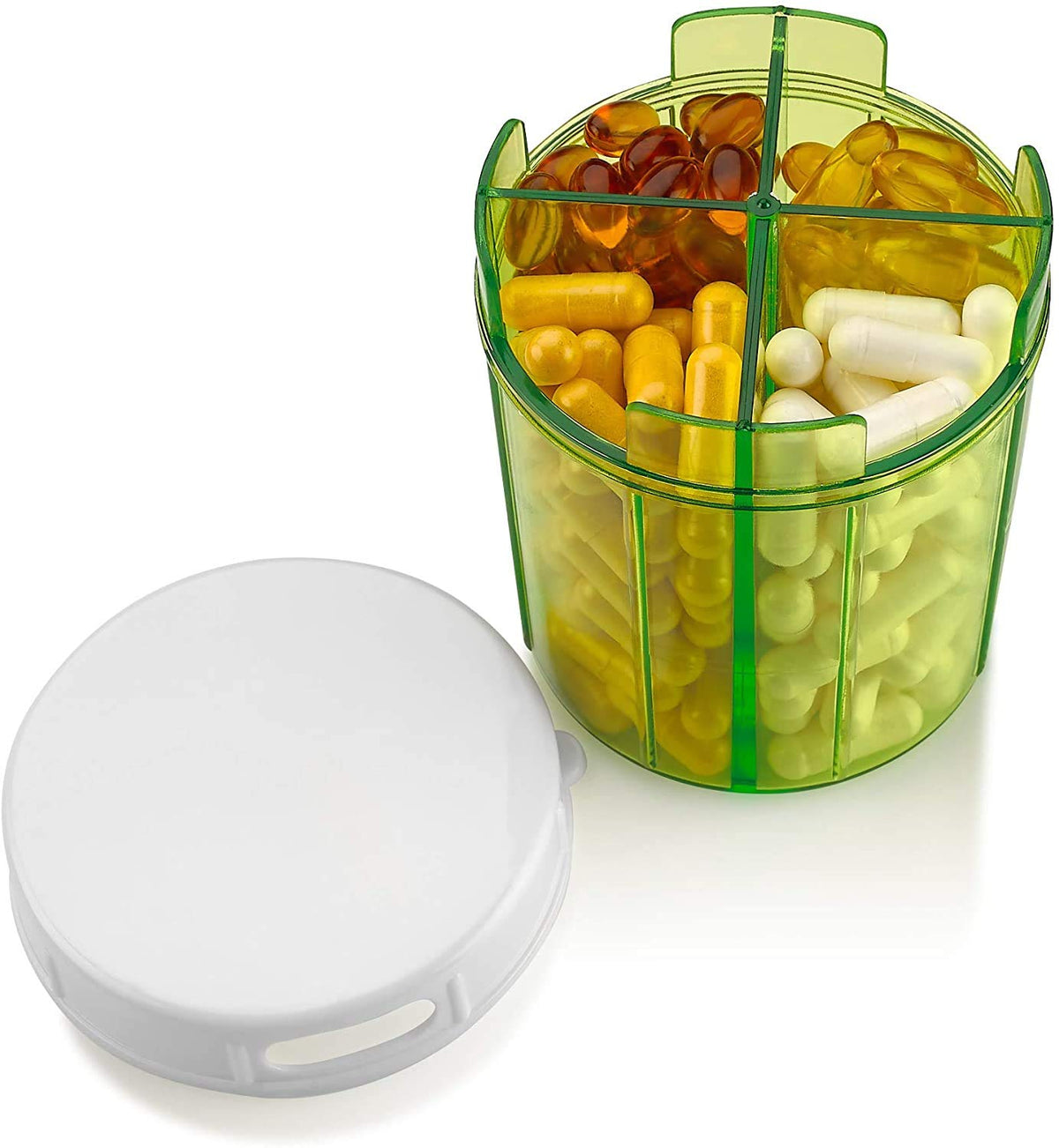 Round Pill Organizer Dispenser - Pill Boxes with 4 Compartments for Medication, Vitamins & Supplements Bottle Daily Pill Case Reminder Box