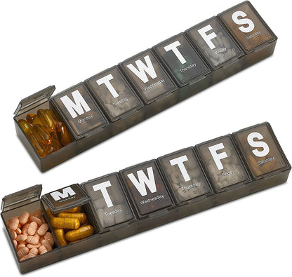Weekly Pill Organizer - (Pack of 4) Extra Large Vitamin Container with Jumbo Easy to Read Letters, BPA Free - Daily Travel 7 Day Medication Pill Box Case, (Black)