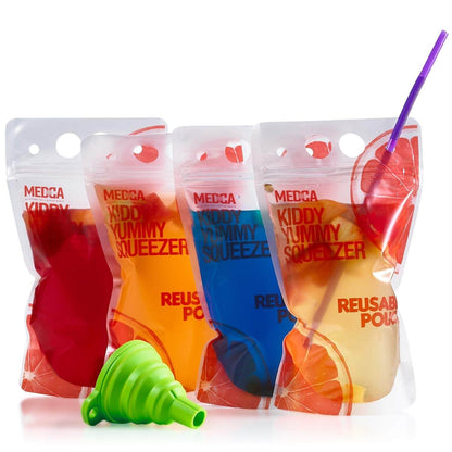 Reusable Drink Pouches - 50 Clear Drink Bags with 50 Straws - Double Zipper Reusable Smoothie Pouches Juice, Clear Zippe
