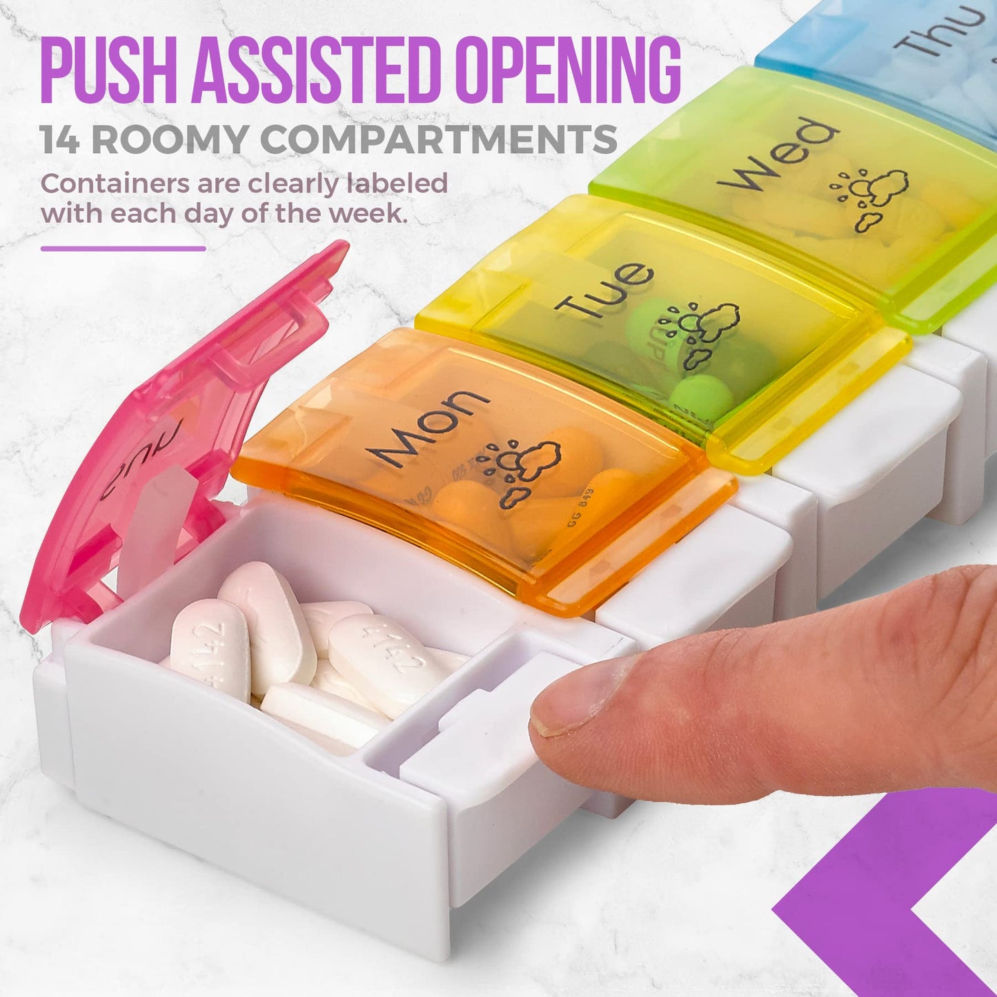 7 Day AM PM Pill Organizer – With Push Button Assisted Open A Daily Travel Pill Box Case Planner And Large Compartments For Medication Vitamins Fish Oil & Supplements, BPA Free – By