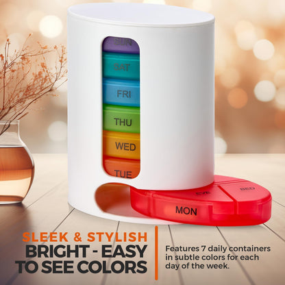 Weekly Pill Organizer, 1 Dispenser, 7 Stackable Multi-Color Compartments Four Times-a-Day - Morning, Noon, Evening, and Bedtime, White