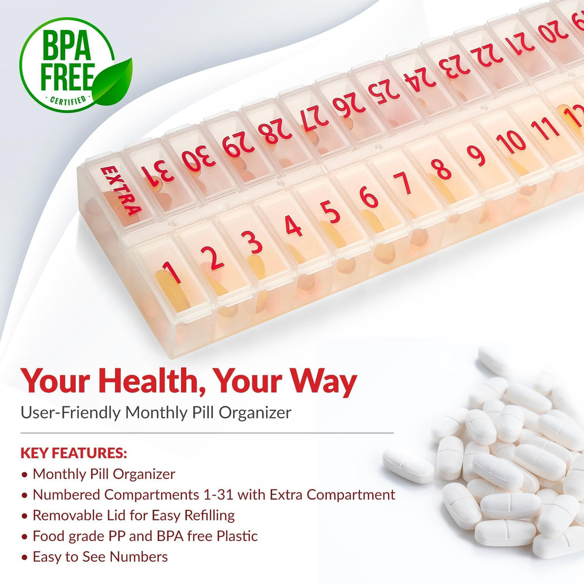 Large Pill Organizer Monthly 32 Compartments - 30 Day Pill Organizer 1 Time A Day, Large Compartment Box for Medications, BPA-Free Plastic, Removable Lid for Easy Loading Medicine, Vitamins, Clear