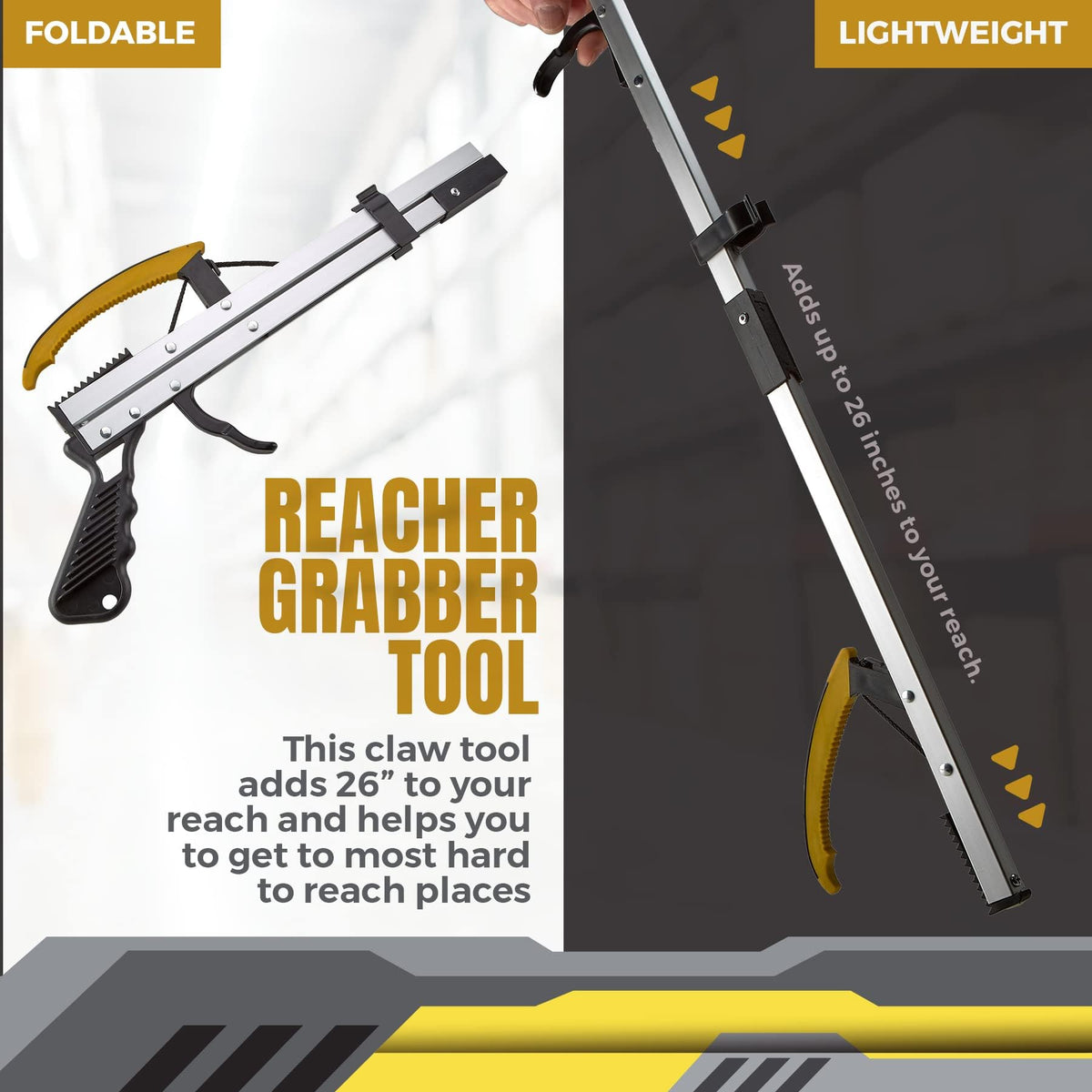 Reacher Grabber Pickup Tool - Wide Claw Arm Gripping Device with Magnetic Tip | Lightweight & Durable | Indoor and Outdoor Extender Reaching Mobility Aid | Trash Picker 26”