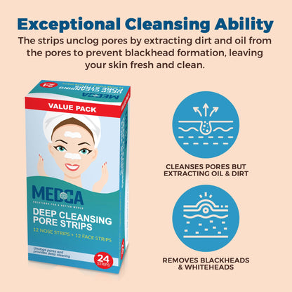 Deep Cleansing Blackhead Pore Strips - Pack of 24 Peel - Off Blackhead Remover and Pore Unclogging Strips for Nose and Face, Chin, Forehead & Healthier Looking Skin