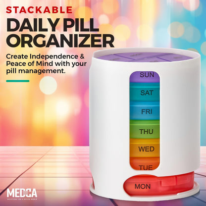 Weekly Pill Organizer, 1 Dispenser, 7 Stackable Multi-Color Compartments Four Times-a-Day - Morning, Noon, Evening, and Bedtime, White