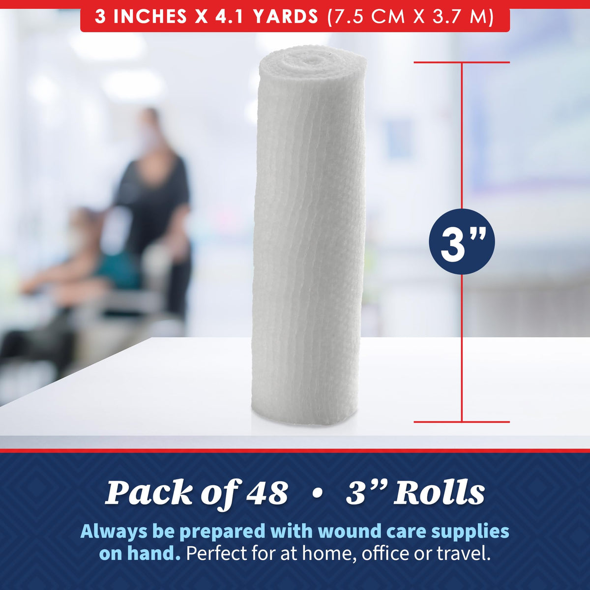 Gauze Bandage Rolls - (48 Pack) 3 in x 4.1 Yards Per Roll of Medical Grade Gauze Bandage and Stretch Bandage Wrapping for Dressing All Types of Wounds and First Aid Kit by, (3-Inch, 48 Pcs)
