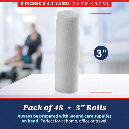 Gauze Bandage Rolls - (48 Pack) 3 in x 4.1 Yards Per Roll of Medical Grade Gauze Bandage and Stretch Bandage Wrapping for Dressing All Types of Wounds and First Aid Kit by, (3-Inch, 48 Pcs)