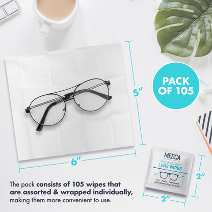 Lens Cleaning Wipes - [105 Pack] Pre Moistened Cleansing Cloths and Individually Wrapped Eyeglass Cleaner Wipe Pads for Phones, Tablet Screens, Helps Clean Cameras, Electronics, Photo Lens and Optics