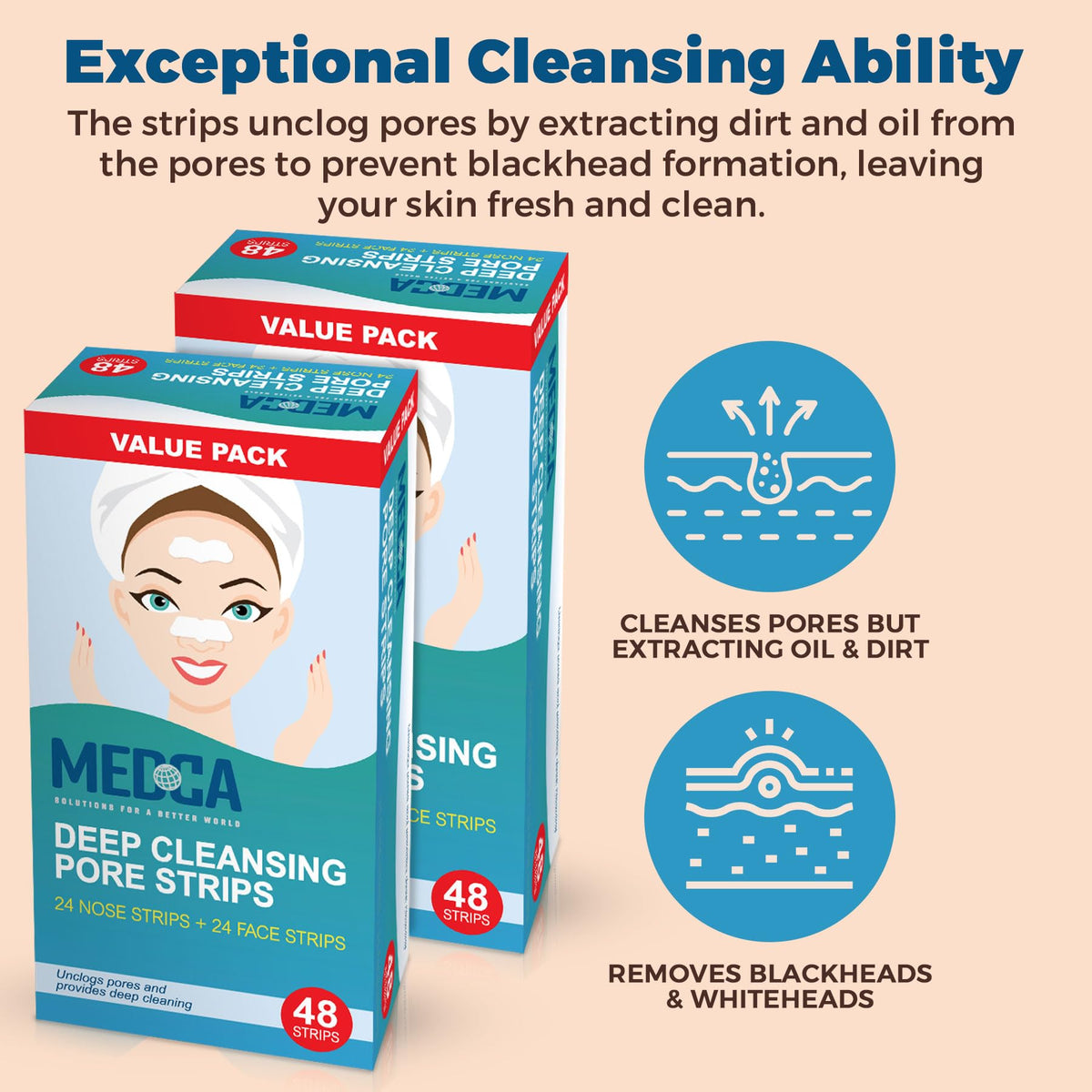 Deep Cleansing Blackhead Pore Strips - Pack of 96 Peel - Off Blackhead Remover and Pore Unclogging Strips for Nose and Face, Chin, Forehead & Healthier Looking Skin