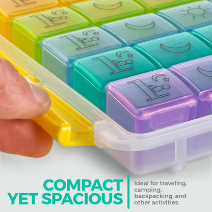 Weekly Pill Organizer - Portable 4 Times-A-Day - Water Moisture-Proof AM/PM Pill Case, Colorful 7 Day Medicine Holder Pill Box with Labels for Prescriptions, Medications, Vitamins, and Supplements
