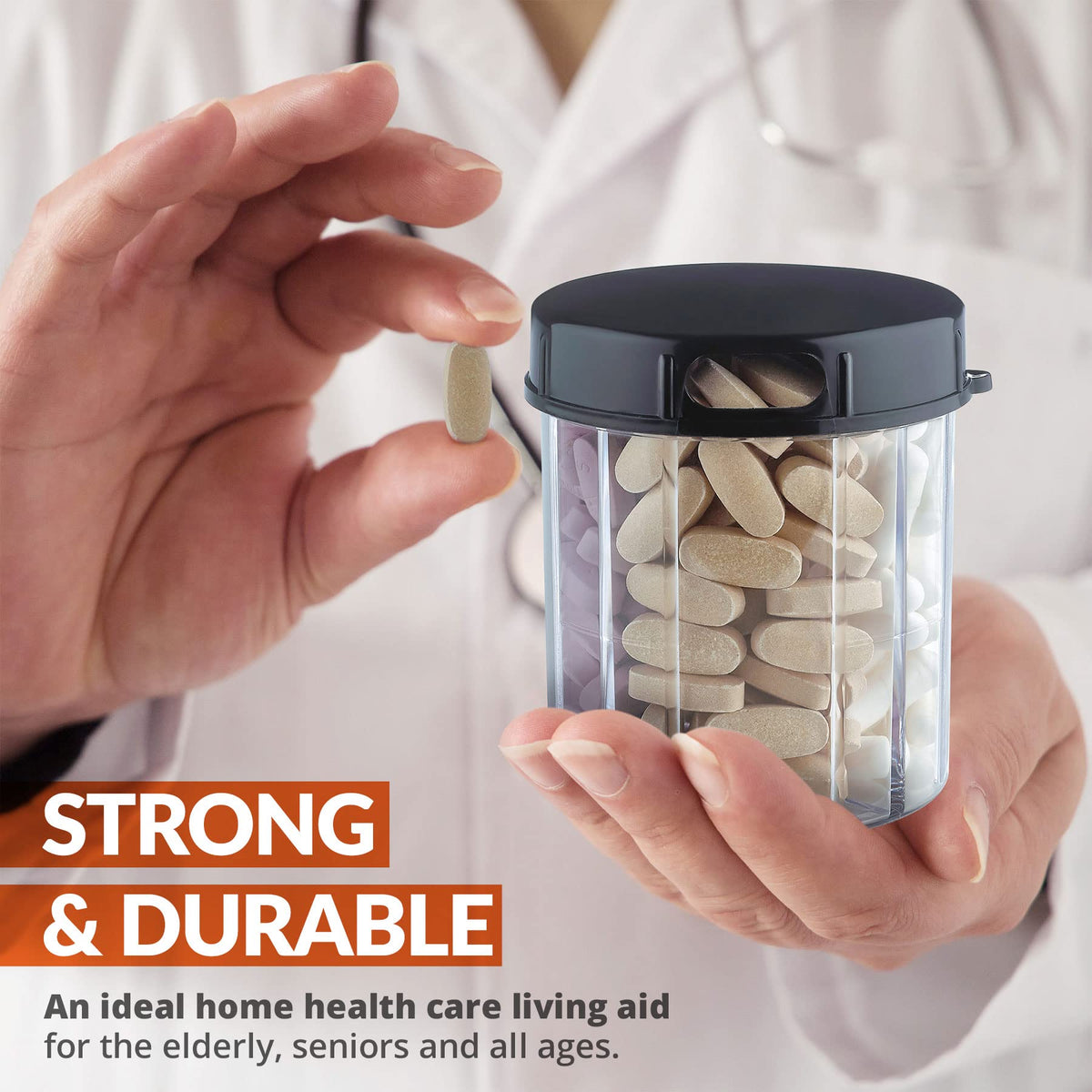Round Pill Organizer Dispenser - Pack of 2 - Pill Boxes with 4 Compartments for Medication, Vitamins & Supplements Bottle Daily Pill Case Reminder Box, (Black and Clear)