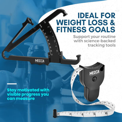Body Fat Caliper and Measuring Tape for Body - Skinfold Calipers and Body Fat Tape Measure Tool for Accurately Measuring BMI Skin Fold Fitness and Weight-Loss, (Black)