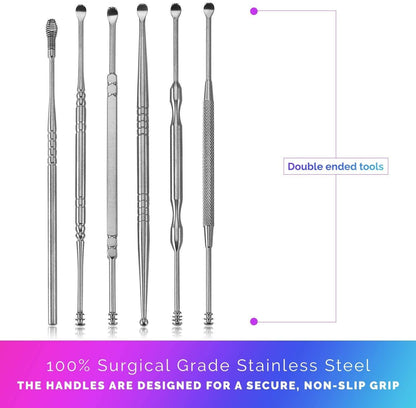 Ear Wax Removal Kit - 6 Piece Ear Cleansing Tool Set, Stainless Steel Ear Curette Earwax Removal Kit for Thorough Ear Cleaner with Spiral Spring Cleaner Pick Unclogger with Storage Case