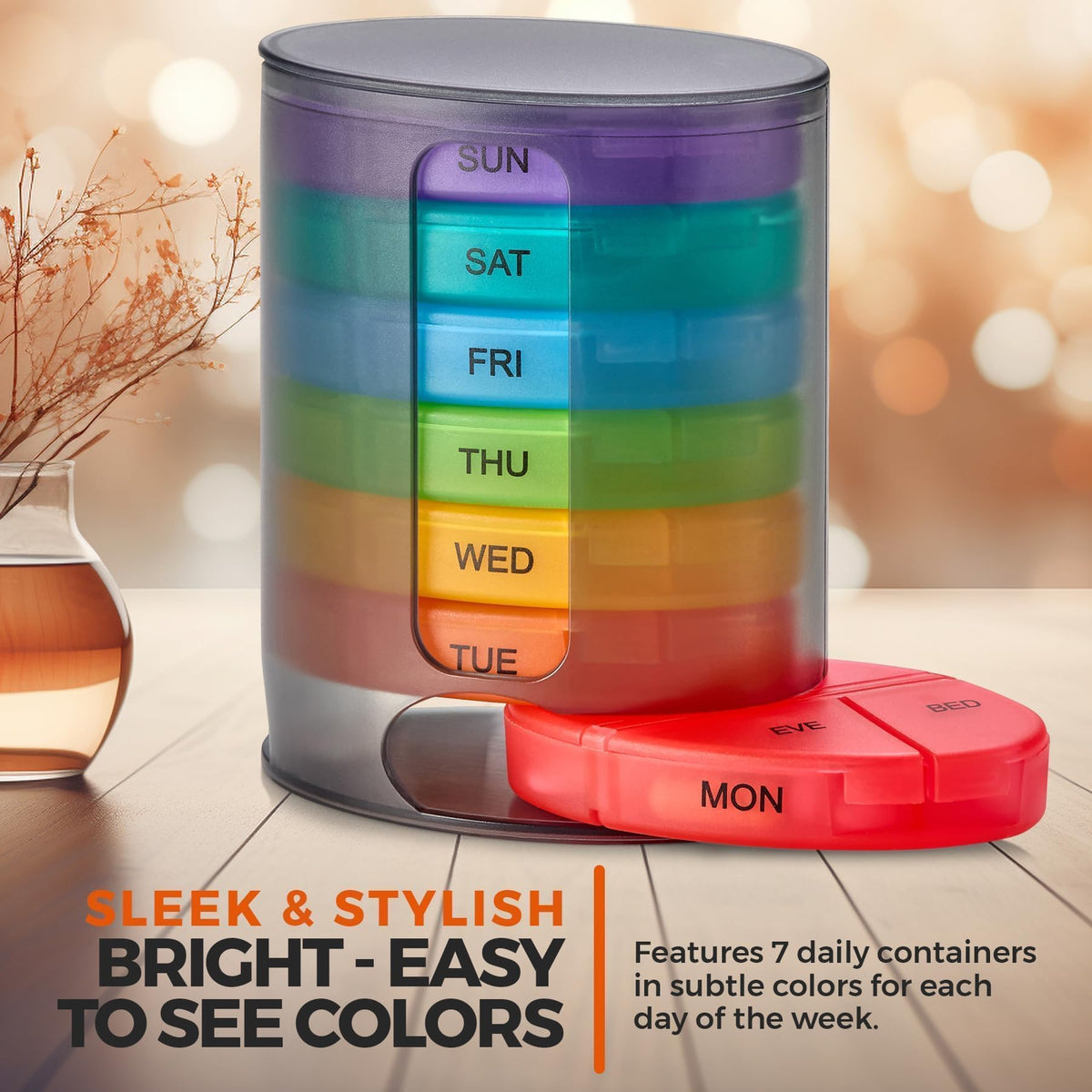 Weekly Pill Organizer, 1 Dispenser, 7 Stackable Multi-Color Compartments Four Times-a-Day - Morning, Noon, Evening, and Bedtime, Black