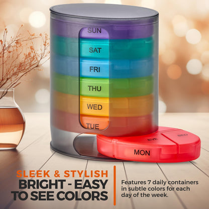 Weekly Pill Organizer, 1 Dispenser, 7 Stackable Multi-Color Compartments Four Times-a-Day - Morning, Noon, Evening, and Bedtime, Black