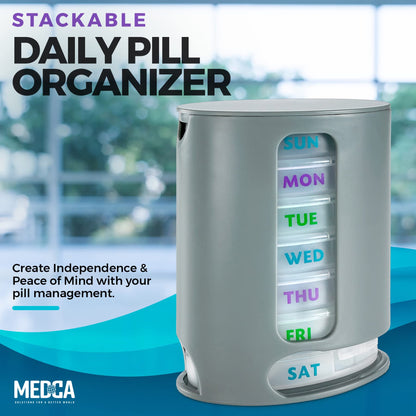 Weekly Pill Organizer, Pack of 2 Dispensers, 7 Stackable Compartments Four Times-a-Day - Morning, Noon, Evening, and Bedtime, Grey
