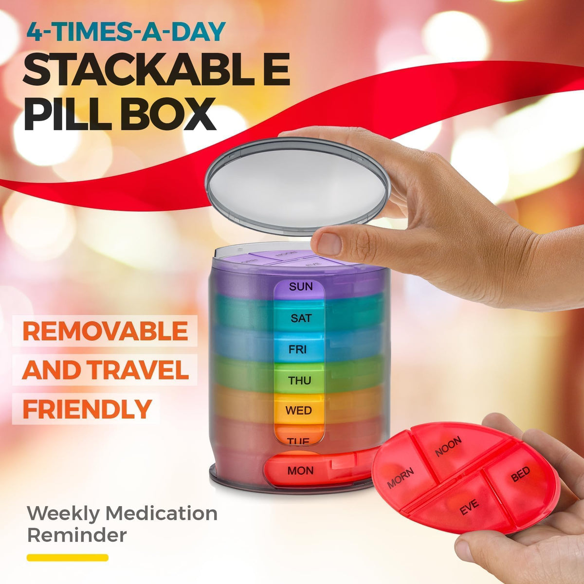 Weekly Pill Organizer, 1 Dispenser, 7 Stackable Multi-Color Compartments Four Times-a-Day - Morning, Noon, Evening, and Bedtime, Black, 2-Pack