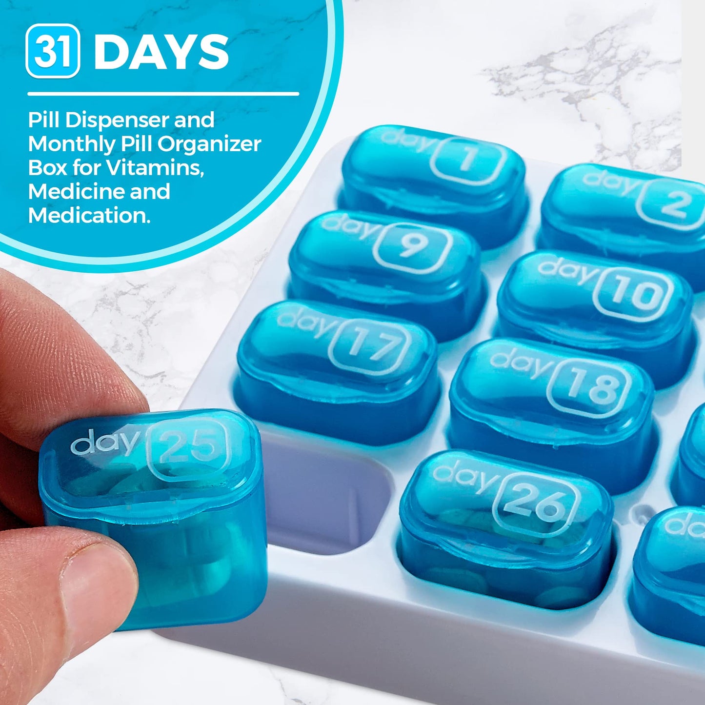 Monthly Pill Organizer - 31 Day Pill Organizer with Large Removable Medication Pods, Portable Pill Case Box and Holder for Daily Medicine and Vitamins, Great for Travel by