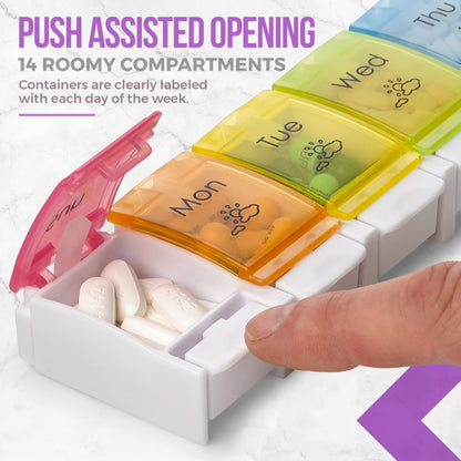 7 Day Pill Organizers - (Pack of 2) Easy Push Button Assisted Open, AM PM Daily Travel Pill Box Case Planner and Large Compartments for Medication Vitamins Fish Oil & Supplements, BPA Free