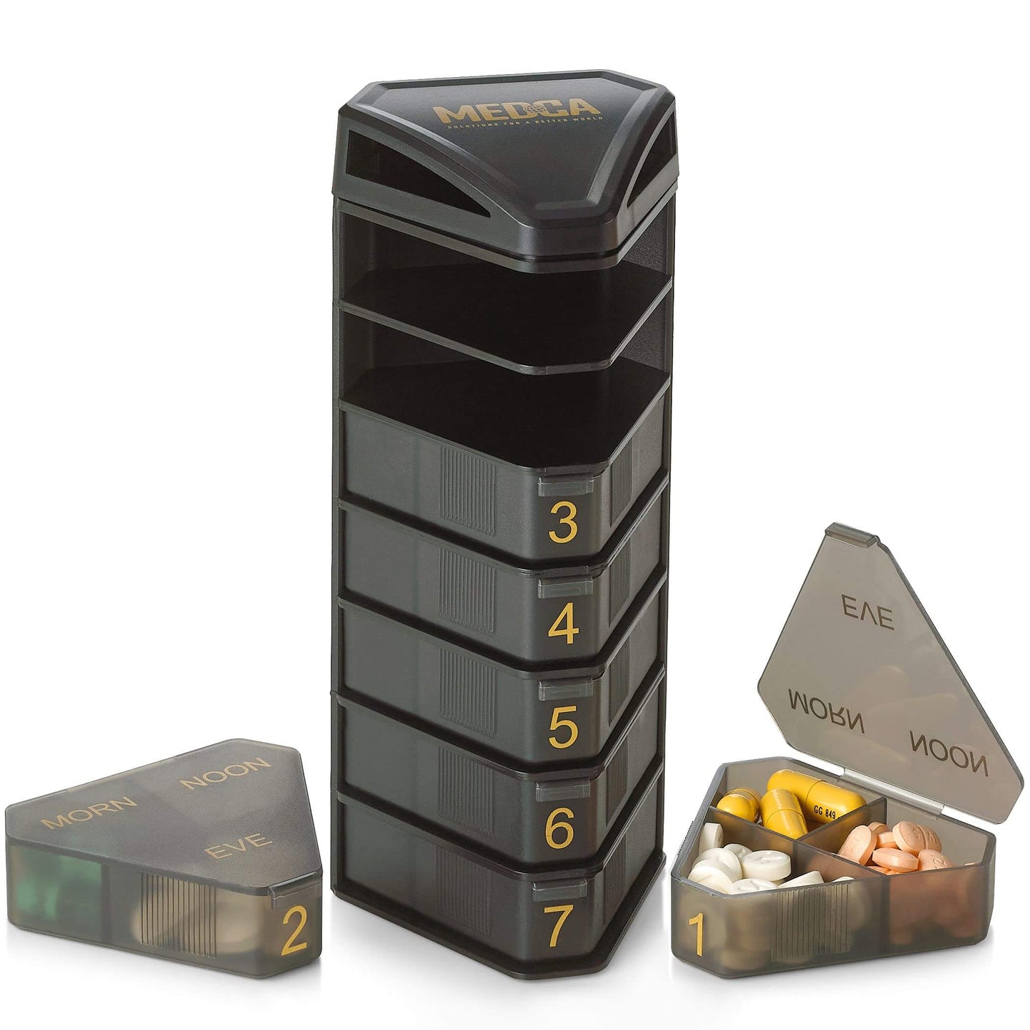 Moisture Proof Weekly Stackable Pill Organizer - BPA Free, Weekly Pill Box Case with 3 Daily Compartments - Black Pill B