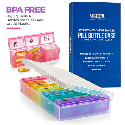 Weekly Pill Organizer Case – 3-Times-a-Day Pill Box - Large Plastic Dispenser with 7-Daily Morning Noon & Night Compartments for Pills, Supplements, Fish Oils and Vitamins